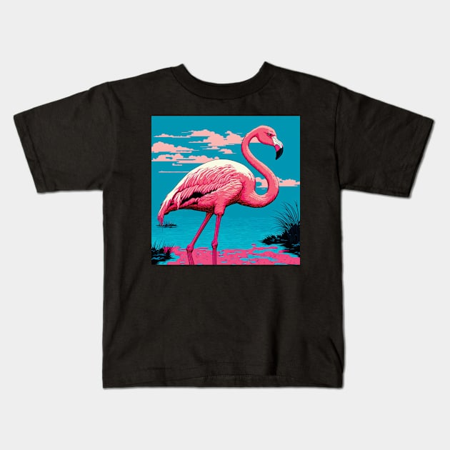 Flamingo in a Lake against Azure Sly with Pink Clouds Kids T-Shirt by Geminiartstudio